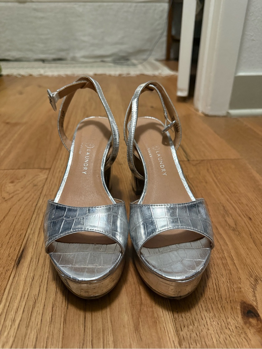 Chinese Laundry silver metallic platform heels